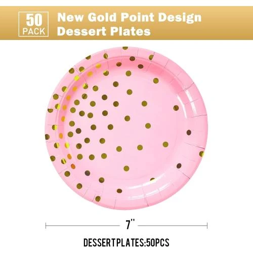 Détail de Assiettes dessert papier rose, doré, lot 50 pièces