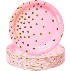 Assiettes dessert papier rose, doré, lot 50 pièces
