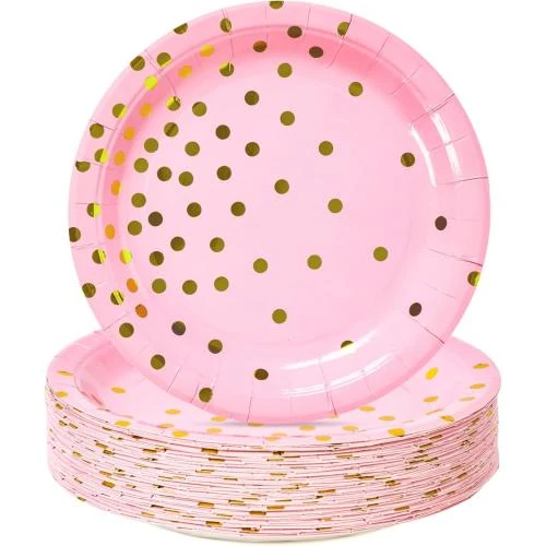 Assiettes dessert papier rose, doré, lot 50 pièces - Vue principale