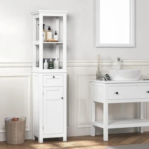 Zoom sur Armoire de rangement salle de bain, blanche, 2 étagères ouvertes