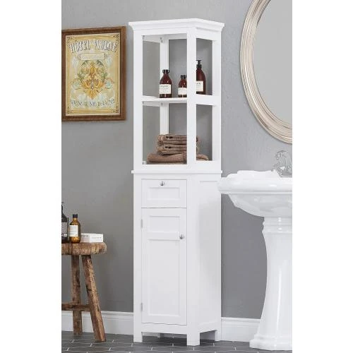 Armoire de rangement salle de bain, blanche, 2 étagères ouvertes - Vue principale