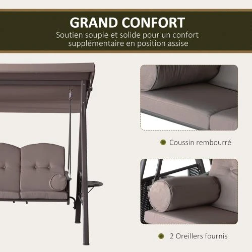 Zoom sur Balancelle de Jardin 3 Places Beige, Confort Réglable, Coussins