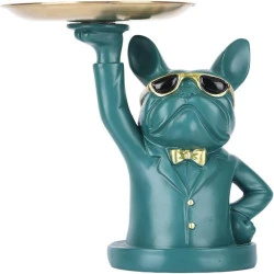 Statue Bouledogue Chien Avec Plateau Décoratif en Résine