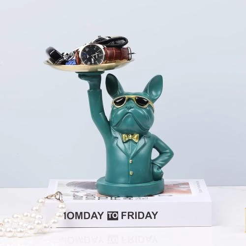Zoom sur Statue Bouledogue Chien Avec Plateau Décoratif en Résine