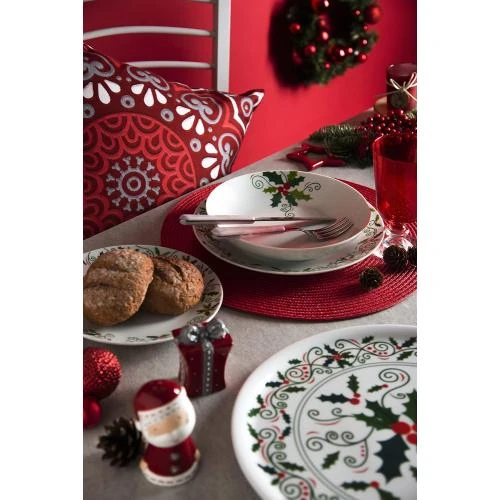 Zoom sur Assiette plate porcelaine Noël, motif houx, Excelsa