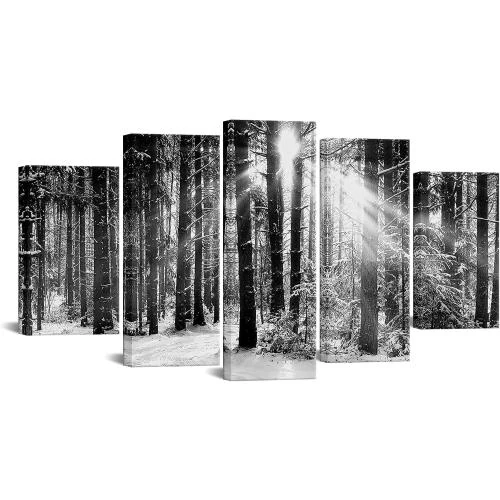 Tableau mural 5 pièces, coucher de soleil, forêt noir blanc, art nature - Vue principale