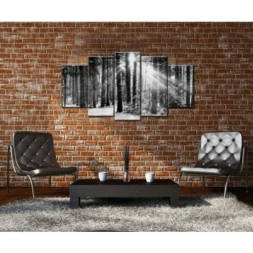 Zoom sur Tableau mural 5 pièces, coucher de soleil, forêt noir blanc, art nature