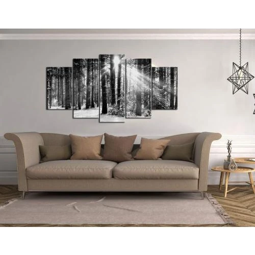 Détail de Tableau mural 5 pièces, coucher de soleil, forêt noir blanc, art nature