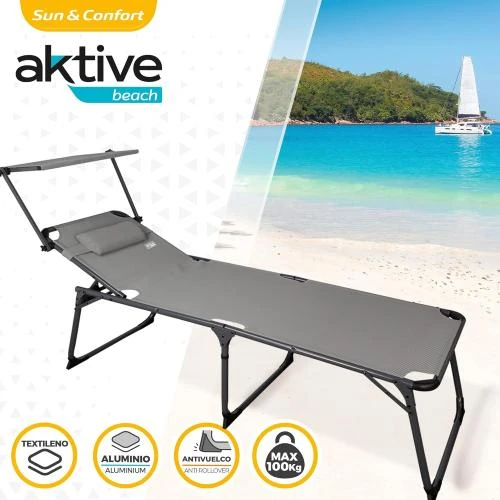 Détail de Chaise Longue Pliante Aktive, Parasol, Coussin, Gris