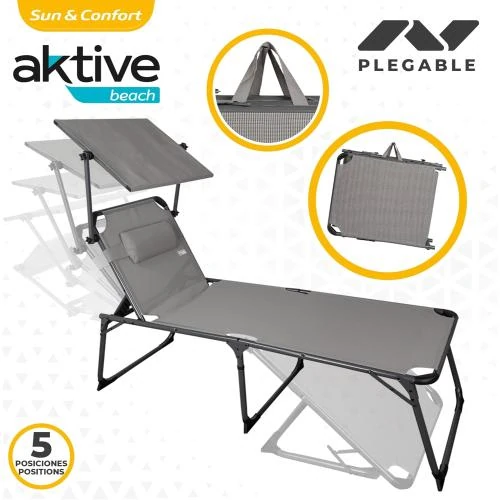 Zoom sur Chaise Longue Pliante Aktive, Parasol, Coussin, Gris