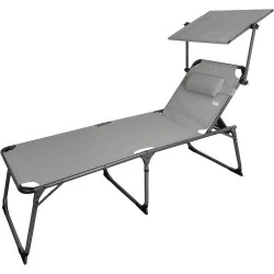 Chaise Longue Pliante Aktive, Parasol, Coussin, Gris