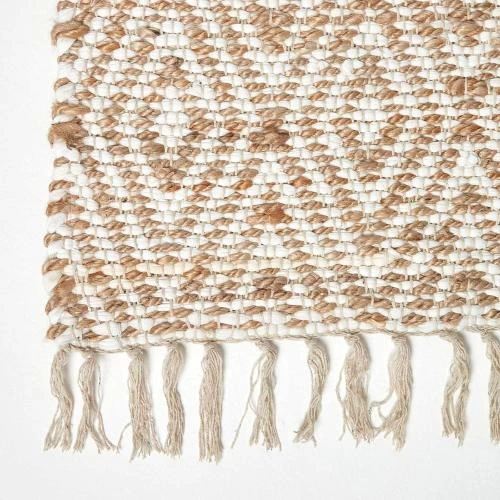 Zoom sur Tapis Chindi Chanvre Motif Losanges Beige Blanc Artisanale