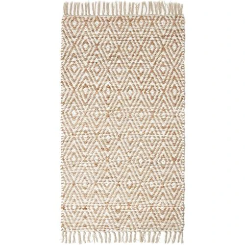 Détail de Tapis Chindi Chanvre Motif Losanges Beige Blanc Artisanale