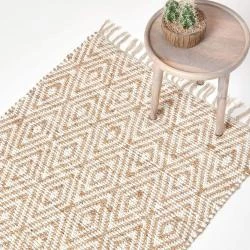 Tapis Chindi Chanvre Motif Losanges Beige Blanc Artisanale