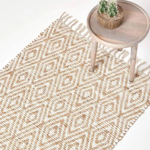 Tapis Chindi Chanvre Motif Losanges Beige Blanc Artisanale - Vue principale