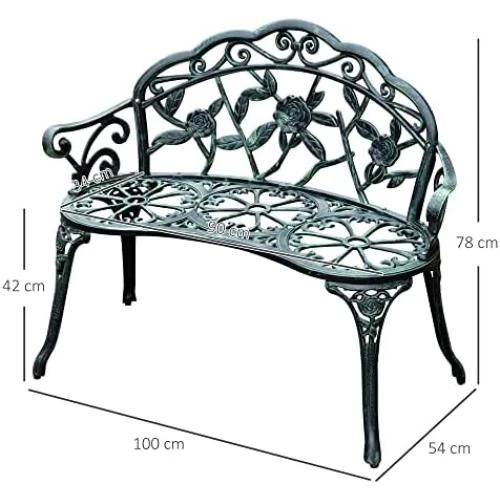 Zoom sur Banc de Jardin 2 Places Style Rétro en Fonte d'Aluminium - Motif Rose