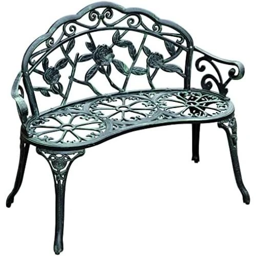 Banc de Jardin 2 Places Style Rétro en Fonte d'Aluminium - Motif Rose - Vue principale