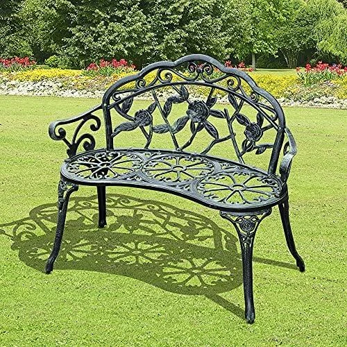 Détail de Banc de Jardin 2 Places Style Rétro en Fonte d'Aluminium - Motif Rose