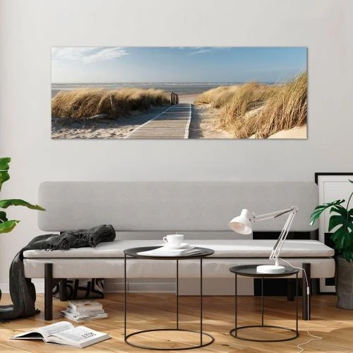 Zoom sur Tableau Verre Moderne Plage Mer Passerelle Décoration Murale