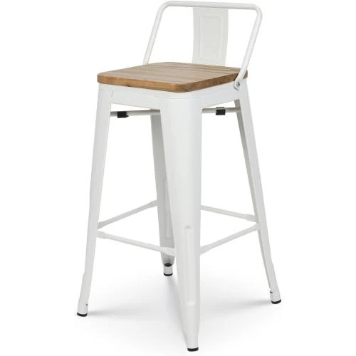 Zoom sur Kosmi Tabourets Métal Blanc Mat, Bois Clair, Style Industriel
