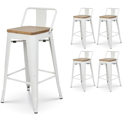 Kosmi Tabourets Métal Blanc Mat, Bois Clair, Style Industriel - Vue principale