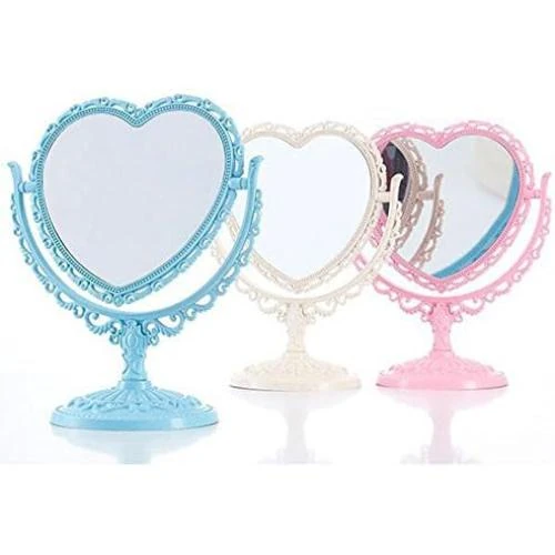 Détail de Miroir Maquillage Rotatif Cœur Rose, 2 Côtés, Plastique