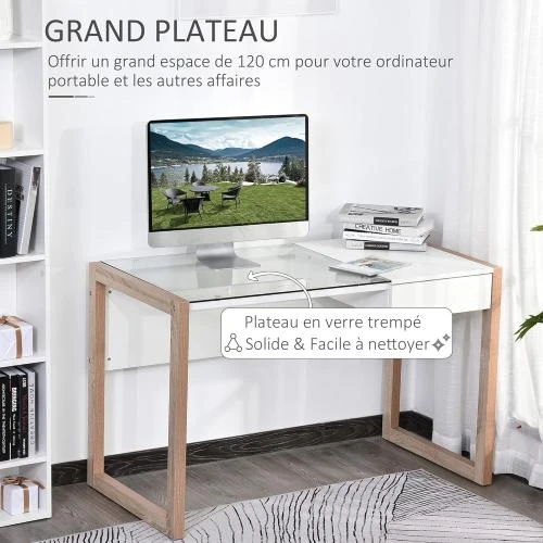 Zoom sur Bureau Informatique HOMCOM, Verre Trempé, Tiroir Intégré