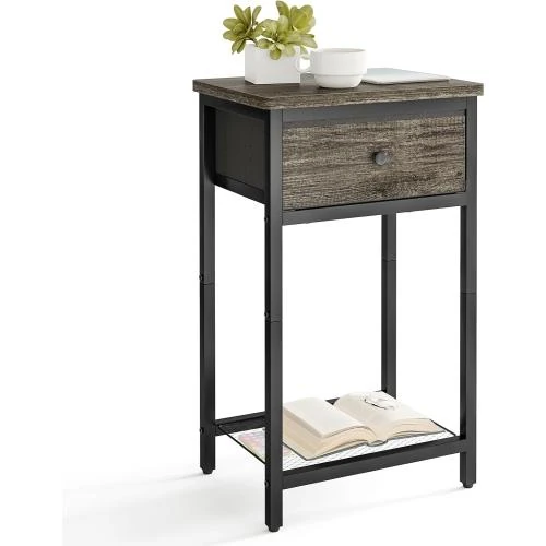 Table de chevet gris, tiroir, 2 niveaux rangement moderne - Vue principale