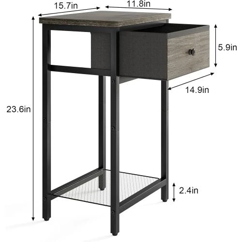 Zoom sur Table de chevet gris, tiroir, 2 niveaux rangement moderne