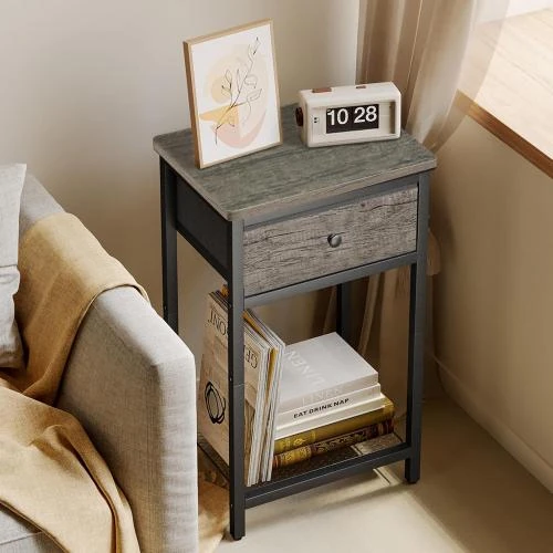 Détail de Table de chevet gris, tiroir, 2 niveaux rangement moderne