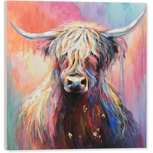 Détail de Toile Peinte à la Main, Animaux de Ferme, Taureau Coloré
