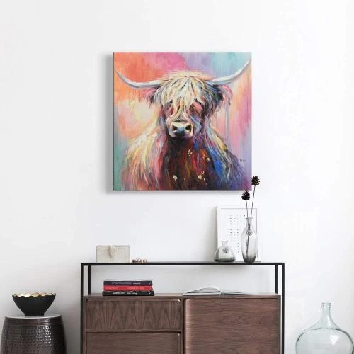 Zoom sur Toile Peinte à la Main, Animaux de Ferme, Taureau Coloré