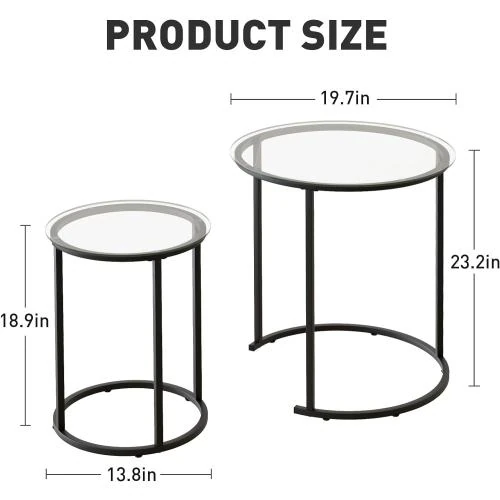 Zoom sur Tables basses gigognes Azheruol, verre trempé noir, métal