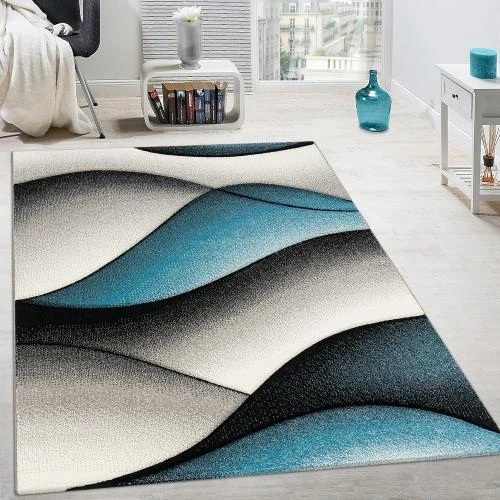 Détail de Tapis Moderne Abstrait Vagues Gris Turquoise, Design Créateur