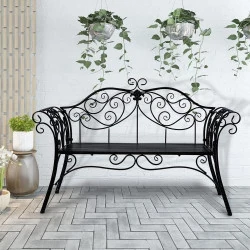 HLC Banc de Jardin Rétro Métal Noir, 2 Places