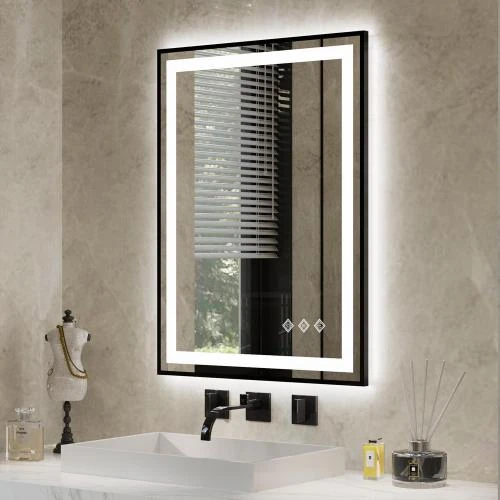 Miroir salle de bain LED, cadre noir dégradé, éclairé - Vue principale