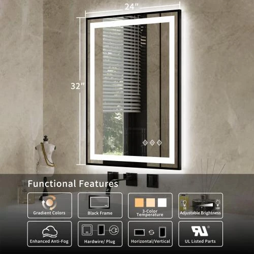 Détail de Miroir salle de bain LED, cadre noir dégradé, éclairé