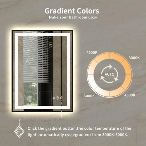 Zoom sur Miroir salle de bain LED, cadre noir dégradé, éclairé