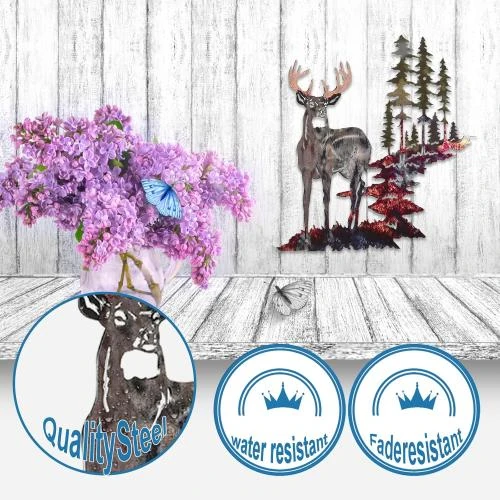 Zoom sur Décoration murale cerf métal, arbre montagne, intérieur extérieur