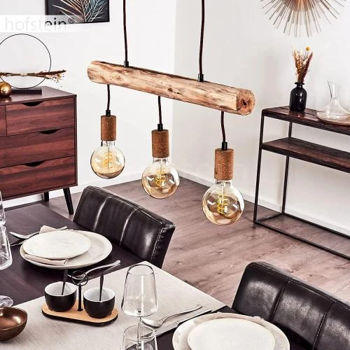 Zoom sur Suspension Gondo métal rouille, câbles textiles, bois, lampe E27