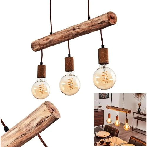 Suspension Gondo métal rouille, câbles textiles, bois, lampe E27 - Vue principale