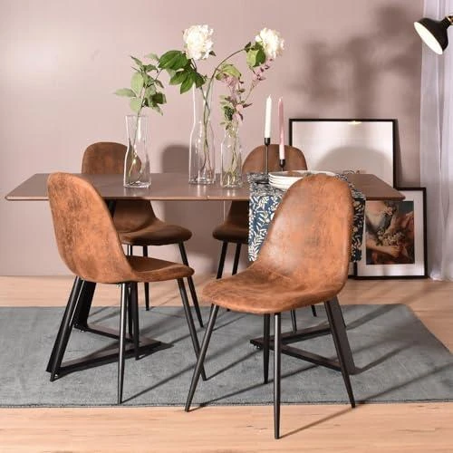 Détail de Chaises Scandinaves Rétro Vintage, Suédine Marron, Pieds Métal Noir, Lot de 4