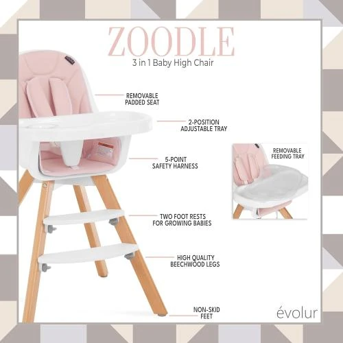 Zoom sur Chaise haute 2 en 1 Evolur Zoodle, Rose