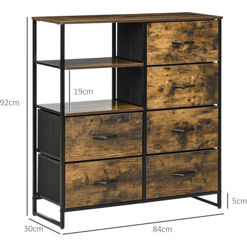 Zoom sur Commode Rangement Industriel, Buffet 6 Tiroirs, Acier, Bois