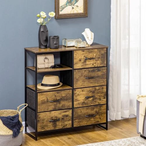 Détail de Commode Rangement Industriel, Buffet 6 Tiroirs, Acier, Bois