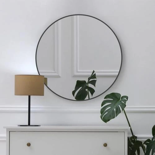 Miroir mural moderne ANYHI, rond, cadre noir décoratif - Vue principale