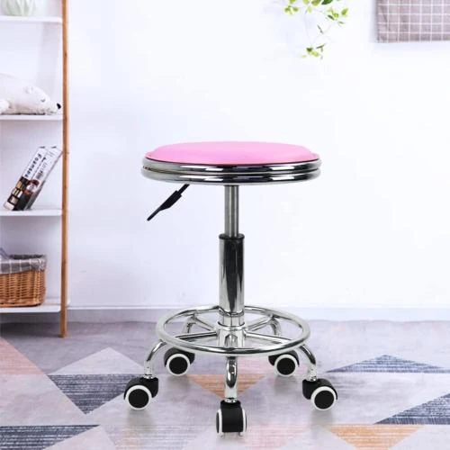 Détail de KKTONER Tabouret rond roulettes, repose-pieds, rose, industriel