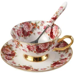 Tasse à thé porcelaine, soucoupe, fleurs blanches, rouges