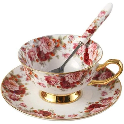 Tasse à thé porcelaine, soucoupe, fleurs blanches, rouges - Vue principale
