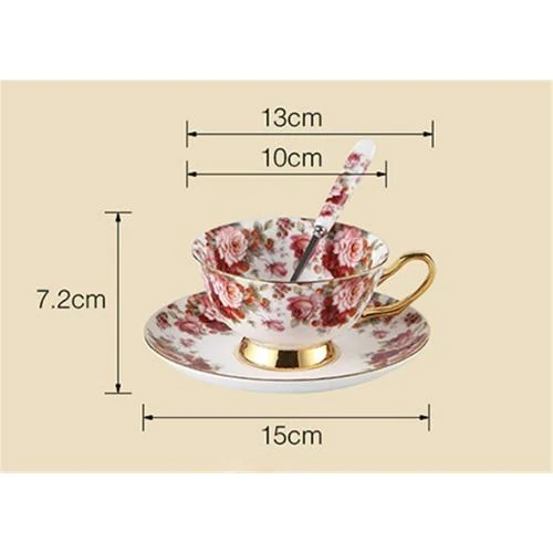 Détail de Tasse à thé porcelaine, soucoupe, fleurs blanches, rouges